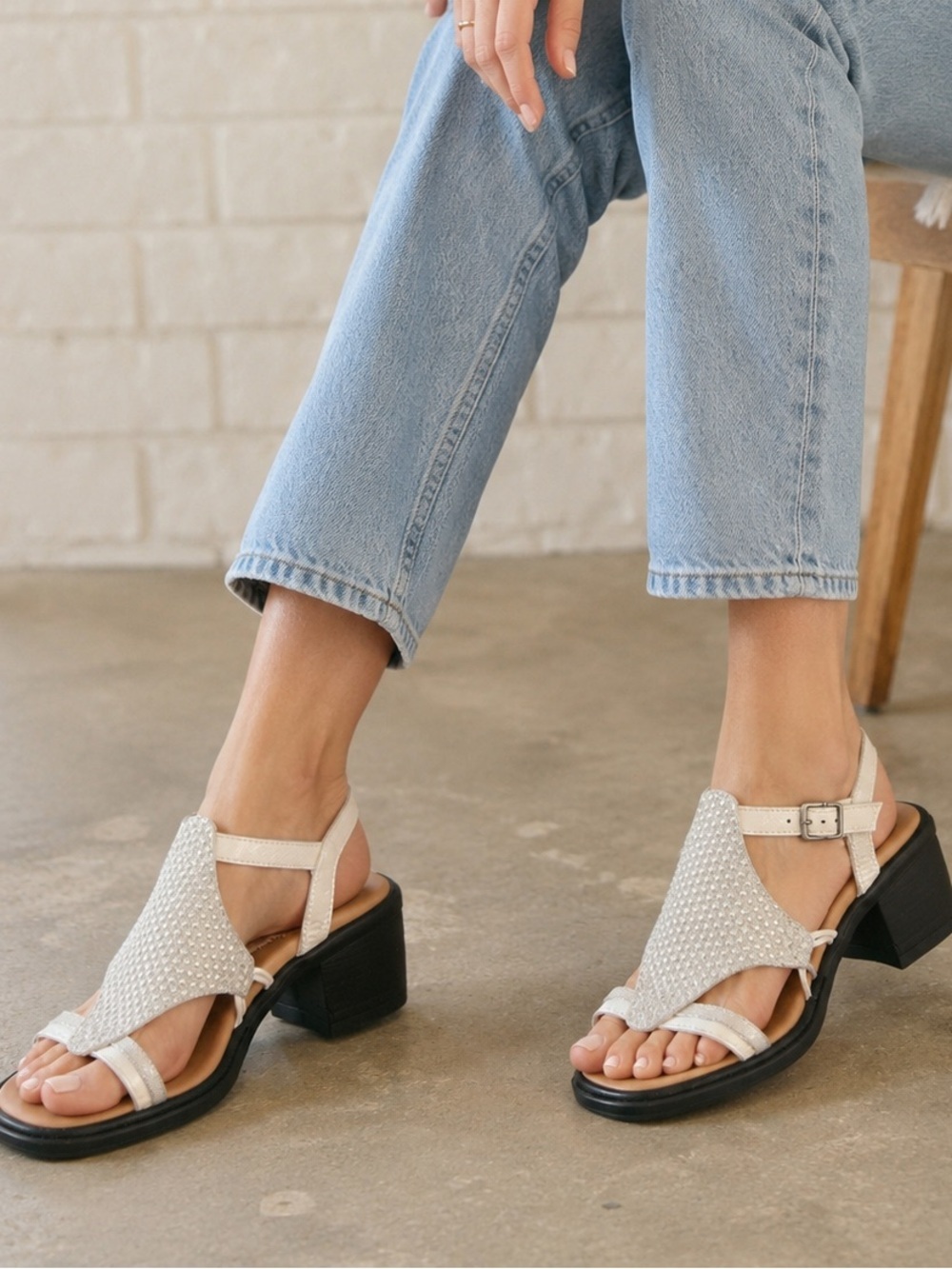 Casta White Textured Block Heel Sandals Women’s EU 37 White Leather Ankle Strap